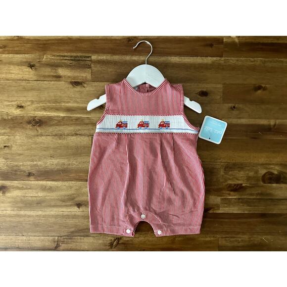 NWT Petit Bebe Red Stripe Smocked Knit Firetrucks Romper Cotton Sleeveless 18M - Picture 2 of 8